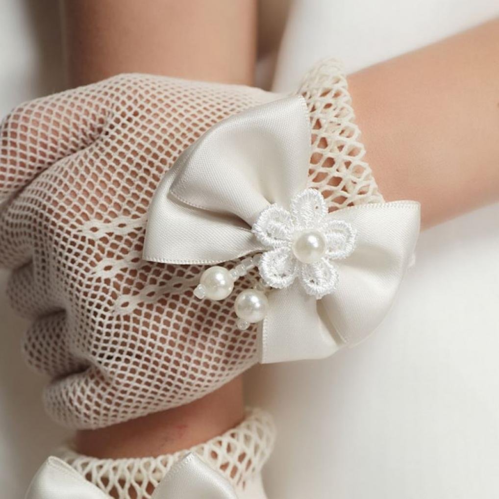 Infant Baby Children Girls Pageant Dance Princess Birthday Party Lace Gloves White Mesh Bowknot Pearls Wedding Glove Age 4~16