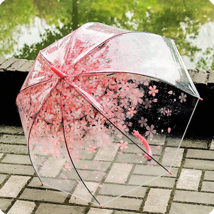 Gennemsigtig sakura paraplyer langhånds halvautomatisk børneparaply klar kirsebærblomst regnparaply til piger: Lyserød