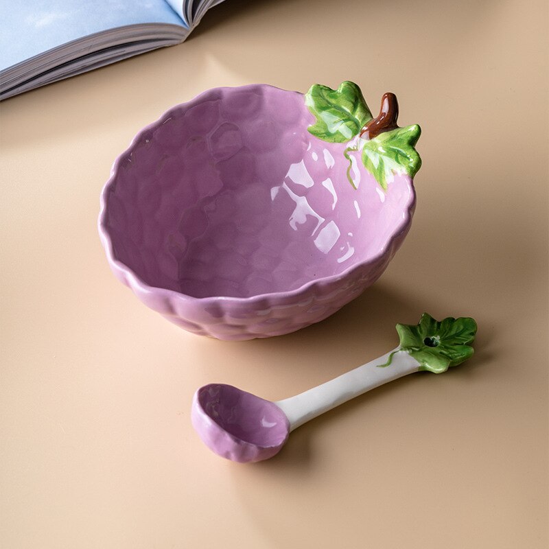 Bol à salade en céramique, européen dessin animé de fruits, bol à nouilles instantanées à la fraise, vaisselle de cuisine 350ML: C and spoon