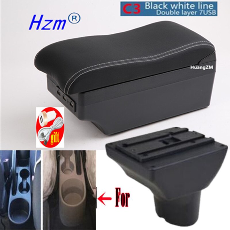 For Hyundai I20 Armrest Interior Parts special Retrofit parts Car Armrest Center Storage box with USB LED light Curved surface: C3 white line 7USB