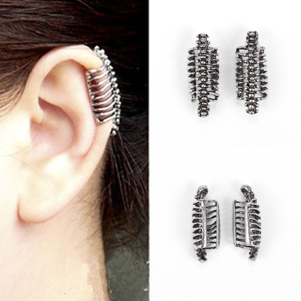 Boucles d&#39;oreilles gothiques à Clip, 2 pièces, personnalité rétro européenne et américaine, Punk, tête de mort, colonne vertébrale, manchette d&#39;oreille sans piercing