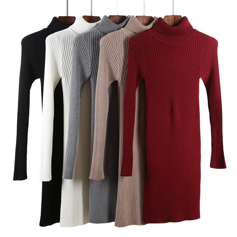 Vrouwen Warm Gebreide Trui Jurken Herfst Winter Vrouwelijke Coltrui Lange Mouwen Sexy Mini Elastische zachte Trui Jurk