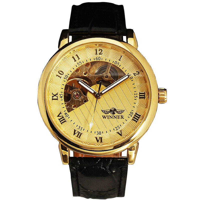 Luxe Gold Mechanical Hand Wind Horloges Mannen Lederen Band Mechanische Horloges Mannen Goedkope Prijs Montre Homme: GOLDEN