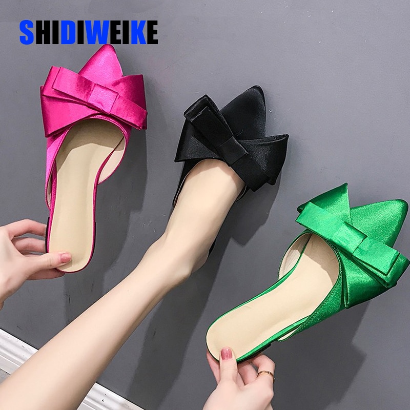 Zomer Vrouwen Schoenen Koreaanse Zijde Satijn Wees Teen Strikje Slippers Baotou Flats Hak Slides Slip Op Semi Slippers buiten