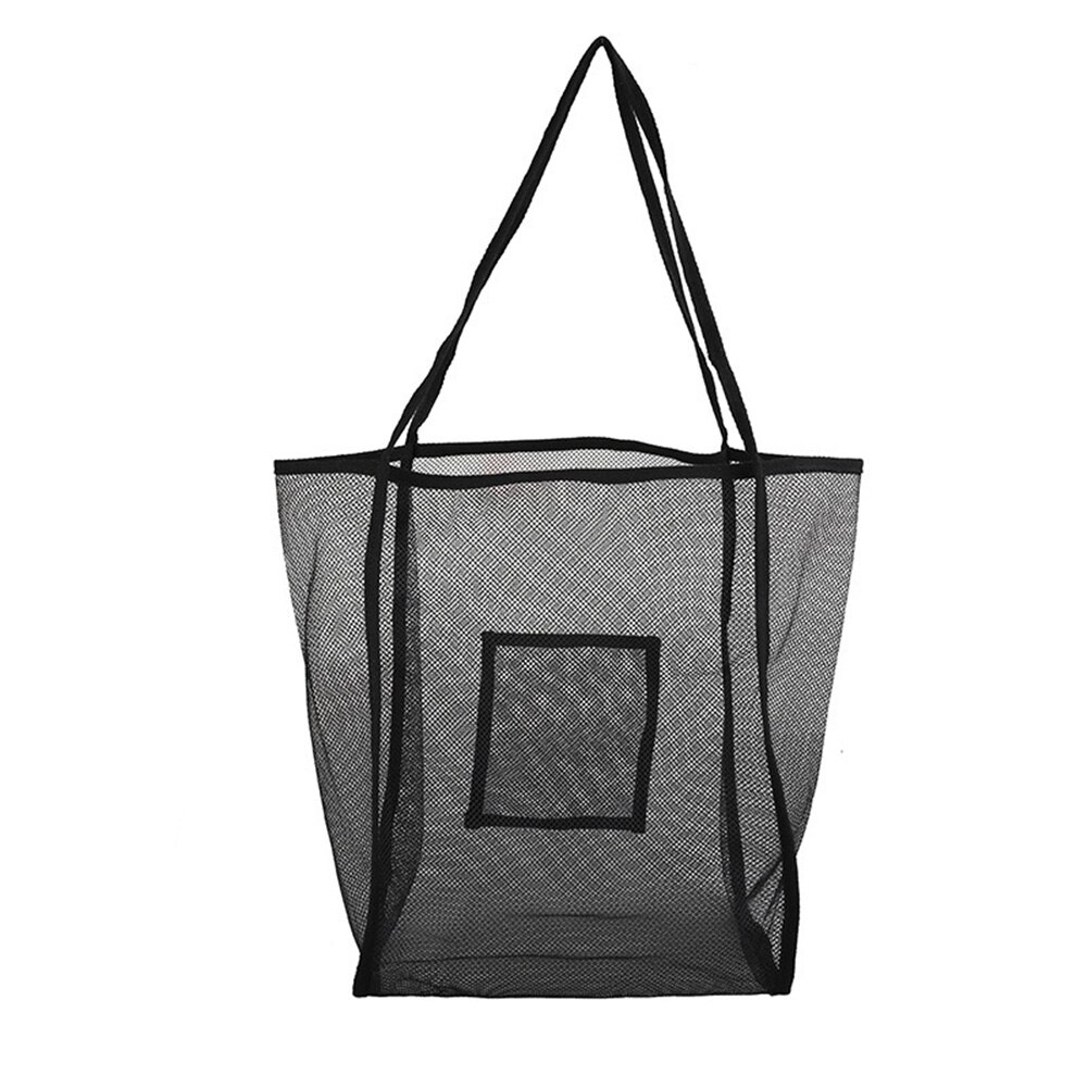 Large capacity ladies mesh beach bag portable waterproof camping picnic swimming leisure mesh shoulder bag reusable: Black Color