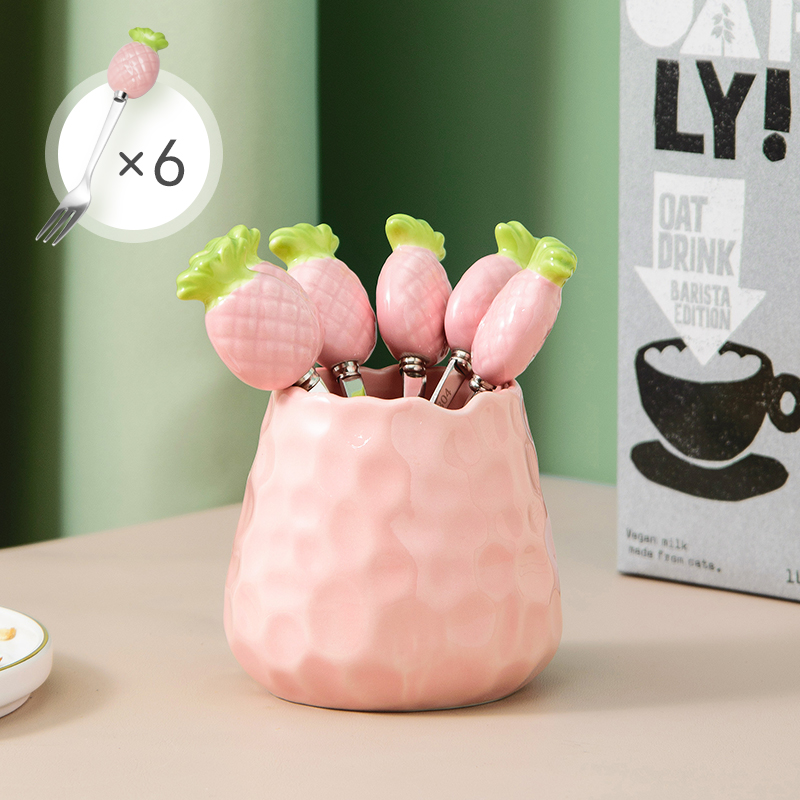Fourchettes à fruits créatives en acier inoxydable, 7 pièces, service de couverts, fourchettes avec support en céramique pour pique-nique à la maison: Pink with 6 forks