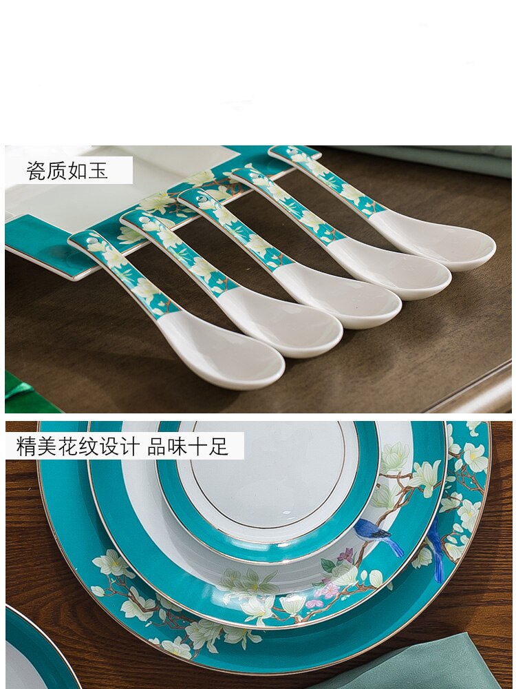 Chinese Style Ceramic Tableware Set Bone China Dinner Set Rice Bowl Steak Plate Soup Spoon and Pot Dish and Plate Combination