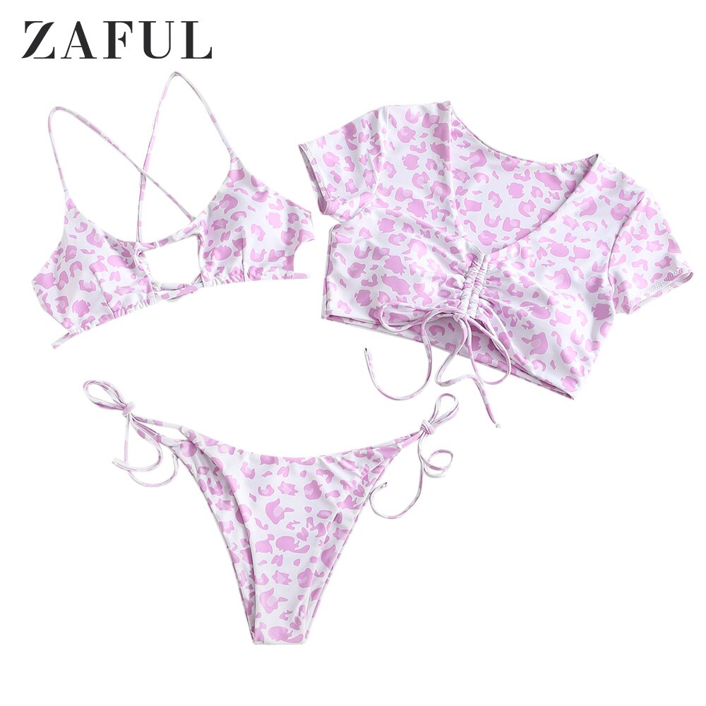 Zaful Luipaard Slangenhuid Cinched Uitsparing Tie Drie Stuk Badpak Sideanimal Print Uitneembare Snake Print Co Ord Bikini
