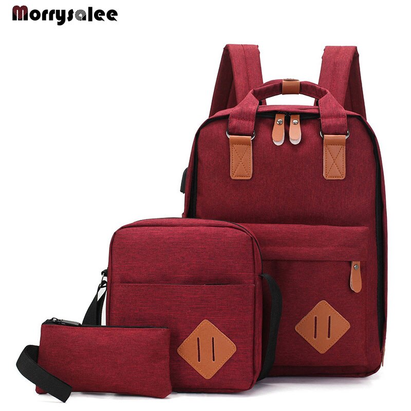 HLDAFA 3Sets Mannen Rugzak Tas Mannelijke Polyester Laptop Rugzak Computer Zakken High School Student Studenten USB Opladen: wine red