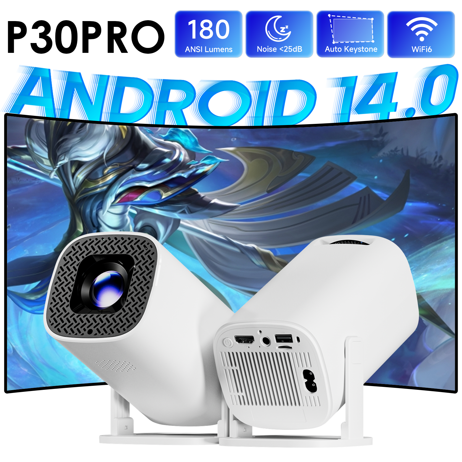 P30PRO Android 14 Mini Projector 4K 1280 * 720P Resolution WiFi 6 BT5.0 Screen Mirroring Home Theater Outdoor Portable Projector