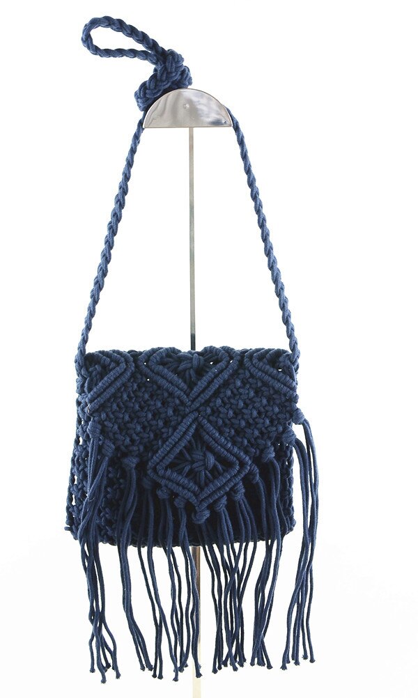 Axelskulderväska i Boho-stil - Handvävd Råtta - Sommar Strandväska med tofsar - Virkad Kvinnlig Väska: BlÃÂ¥
