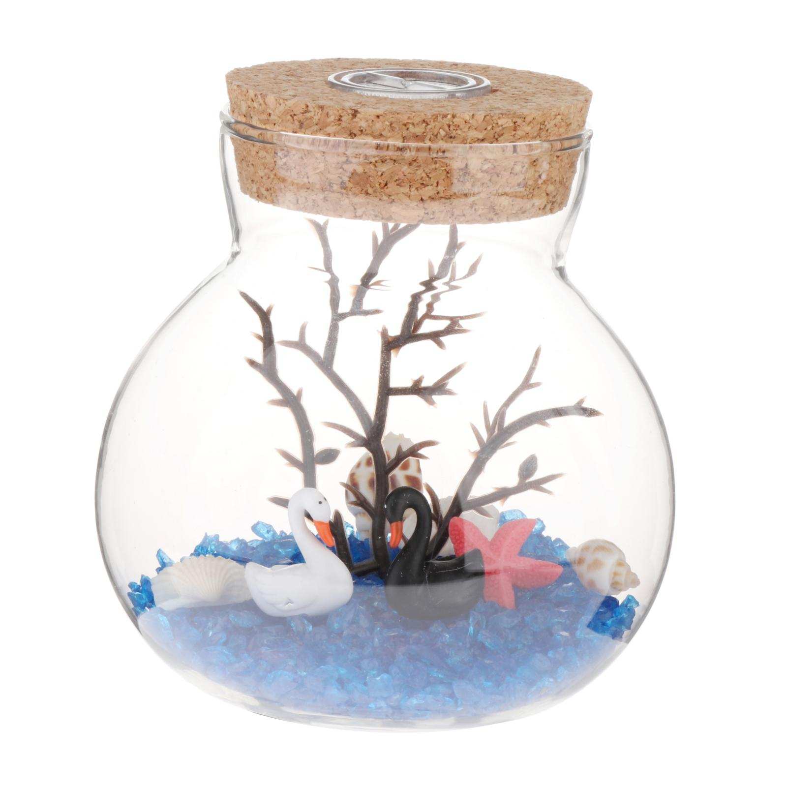 Glass Terrarium Container Multiple Choices Planter Jars with Wood Base &amp; Lid Plant Terrarium Bowl Vase with Fairy Lights: Blue sand swan