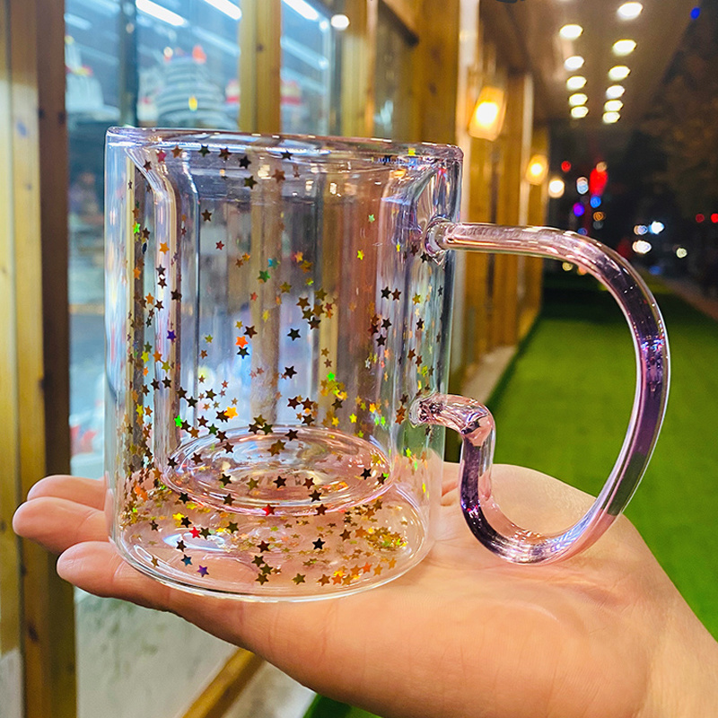 Girly Heart Sequins Korea Star Mug Heat-resistant Glass Double-layer Coffee Cup with Handle