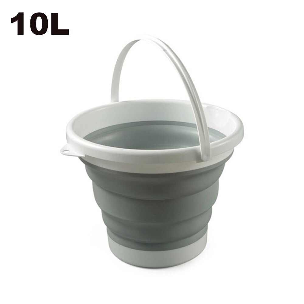 10L Collapsible Bucket 2.6 Gallon Foldable Portable Cleaning Silicone Bucket Space Saving Car Bucket for Garden Camping Fishing: White-Grey 10L