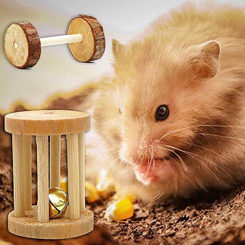 10 Pcs Set Hamster Chew Toys Natural Wooden Gerbils Rats Chinchillas Toys Accessories Dumbbells Exercise Bell Roller Teeth Care