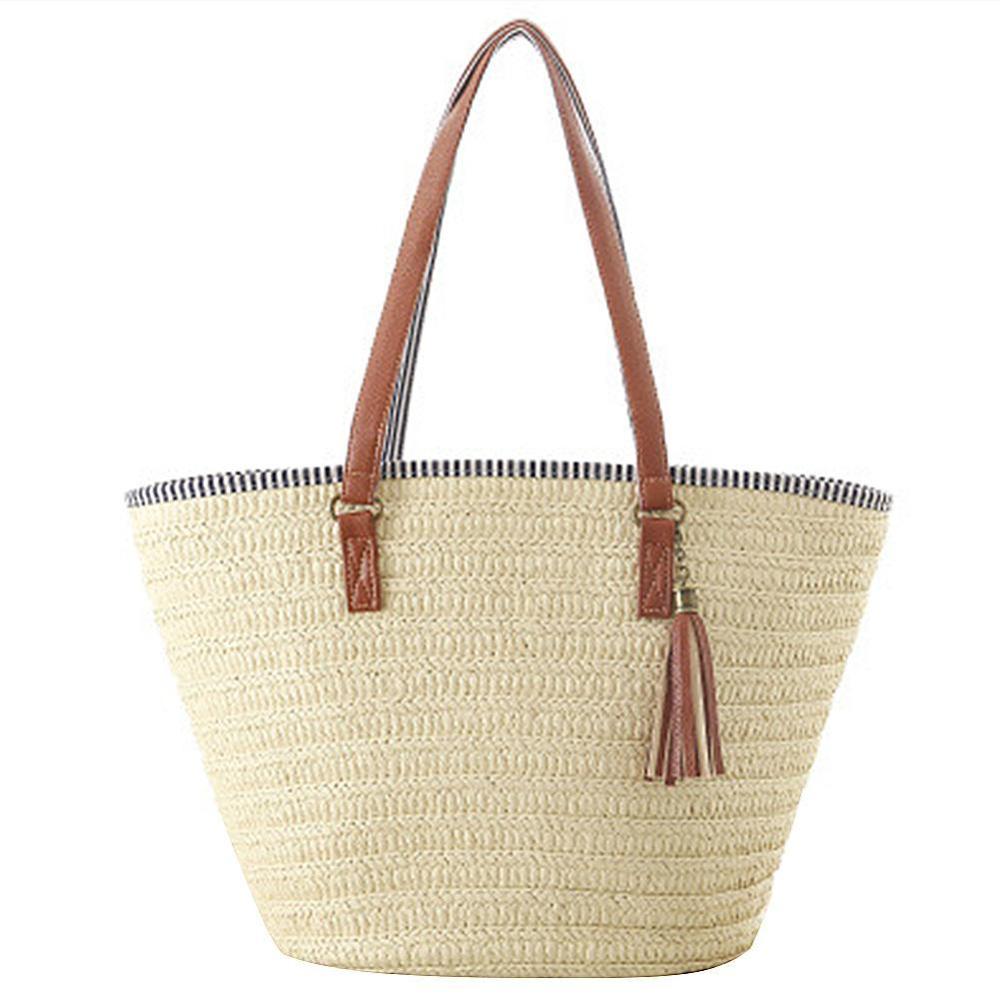 Women Simple Straw Handbag Shoulder Bag Tassels Tote Summer Beach Zipper Shopping Crossbody Travel Messenger Bag 3 Style