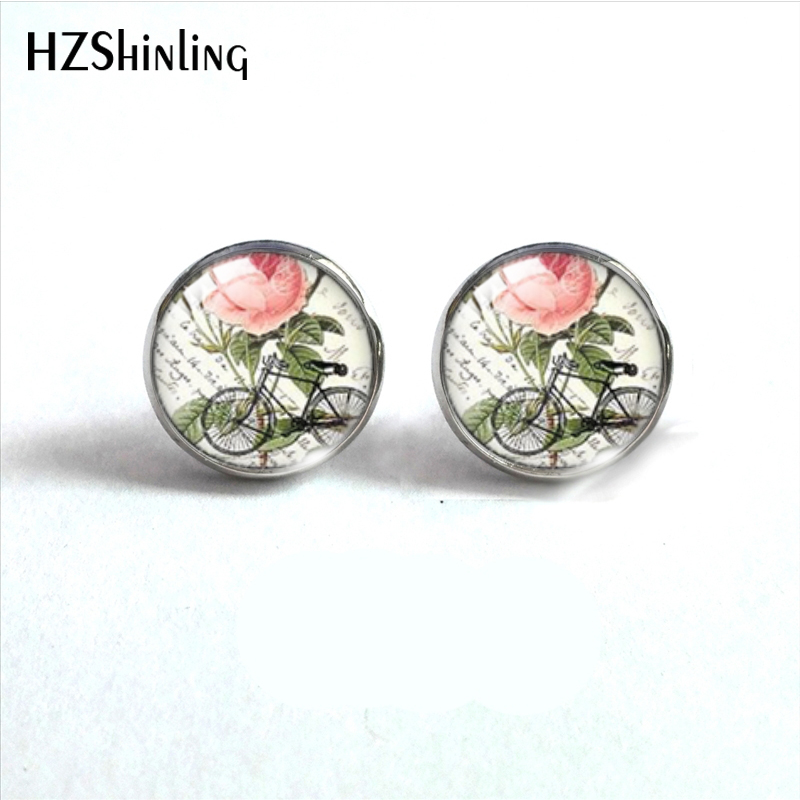 Pendientes de tuerca de vidrio de acero inoxidable para bicicleta, joyería de de oreja de cabujón de vidrio, libro de flores Vintage: Negro / Color oro puro