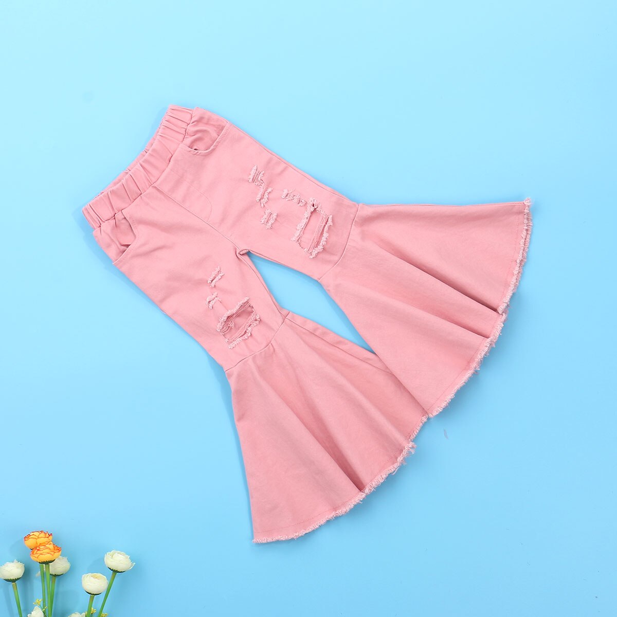 1-6Y pantaloni svasati per bambina Design a foro vita elastica con pantaloni in Denim tascabili pantaloni a campana occidentali
