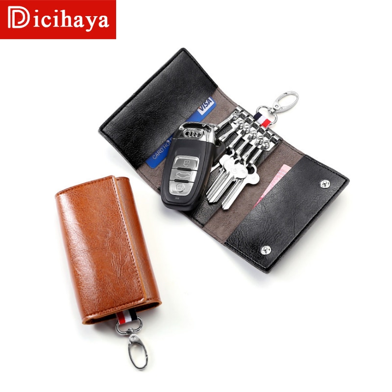 DICIHAYA PU Leather Man Women Key Wallet Short Square Retro ID Card Holder Hasp Vintage Multi-function Car Key Chain Fold Wallet