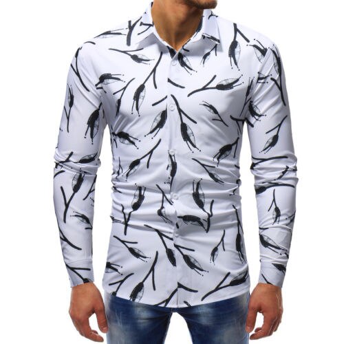 Mens Slim Fit Floral Shirt Casual Long Sleeve Dress Shirts Luxury Tops: D / XXL