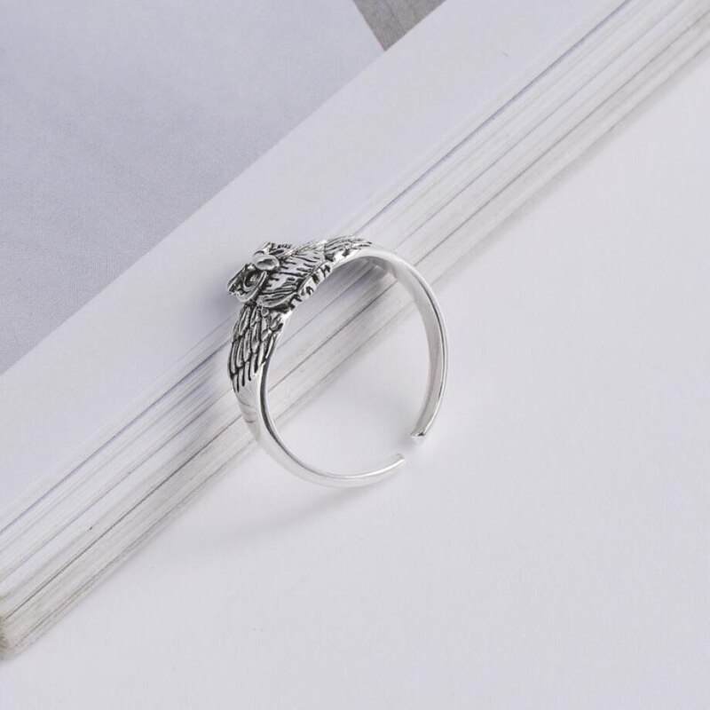 Anillo de plata de primera ley con forma de búho para mujer, sortija, plata esterlina 925, estilo Retro, personalidad, estilo literario, , apertura de tamaño variable, SRI114