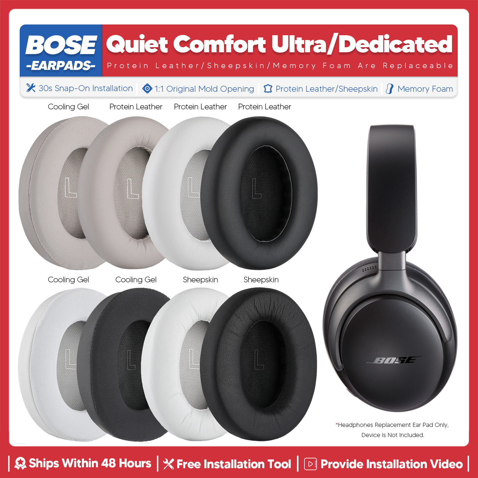 Ersatz-Ohrpolster für Bose QuietComfort Ultra QC Ultra Kopfhörer-Zubehör, Headset-Ohrpolster, Ersatzteile, Memory-Schwamm