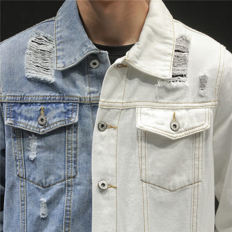 Chaquetas vaqueras ajustadas de retales para hombre, ropa de calle informal de algodón, color sólido, azul y blanco, Hip Hop, de talla grande 5XL,