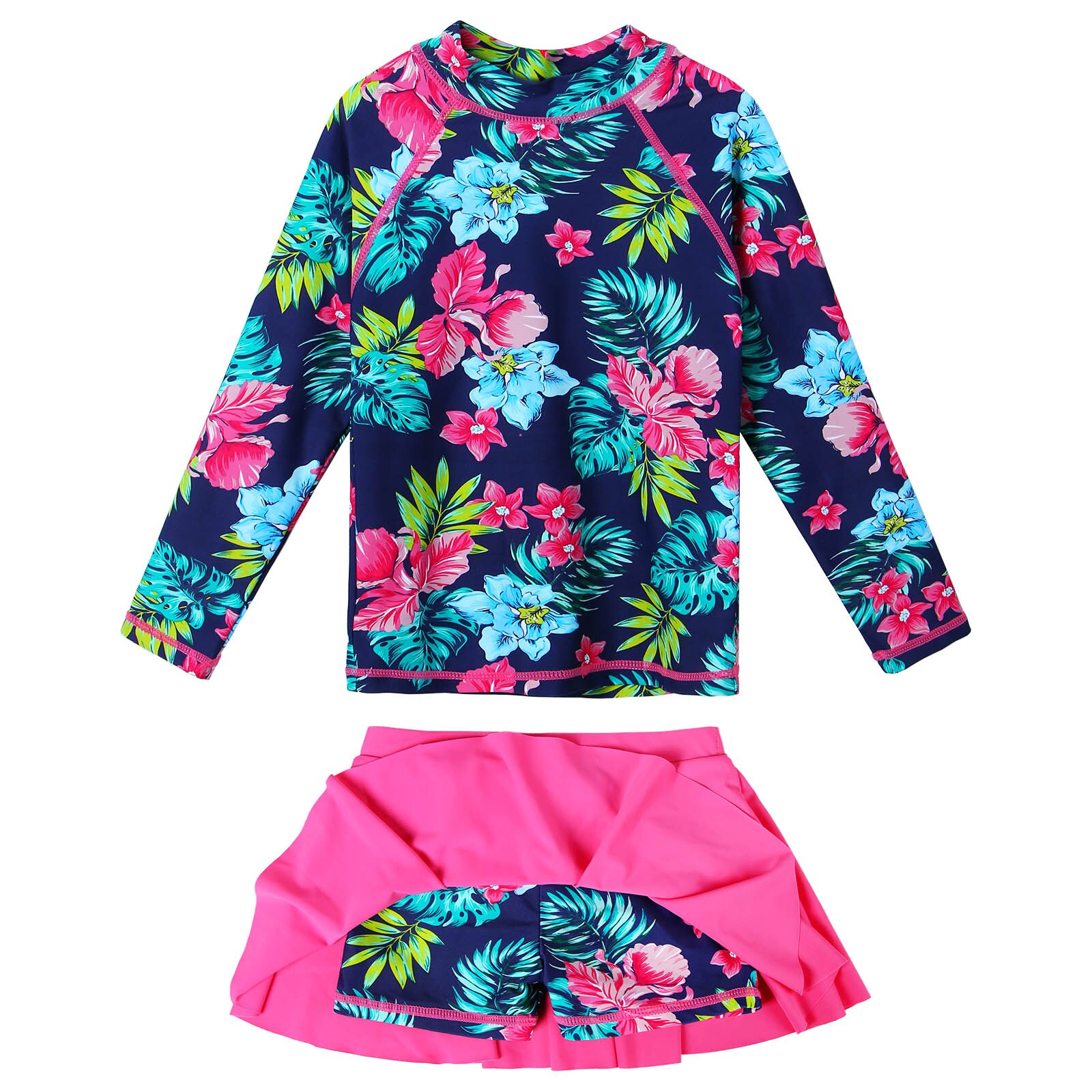 BAOHULU Designs Girls Swimsuit Two Pieces Set Long Sleeve with Skirt UPF 50+ UV Protection Sunblock Bathing Suit