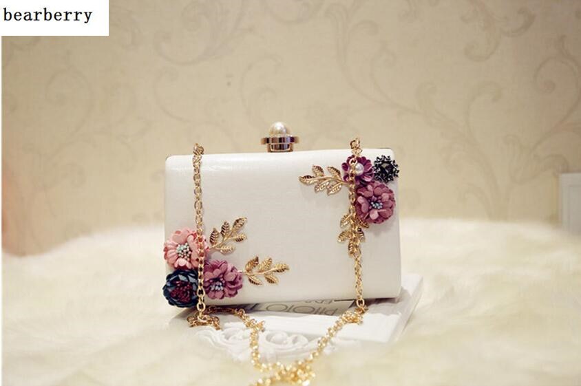 women handmade flowers evening bags mini wedding dinner bags luxury clutch purse with 2 chains: white
