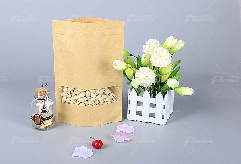 100Pcs Kraft Papieren Zakken Zip Lock Bruin Met Venster Stand Up Hersluitbare Grip Ziplock Zakjes Thee Koffie Bean Snoep verpakking Voedsel