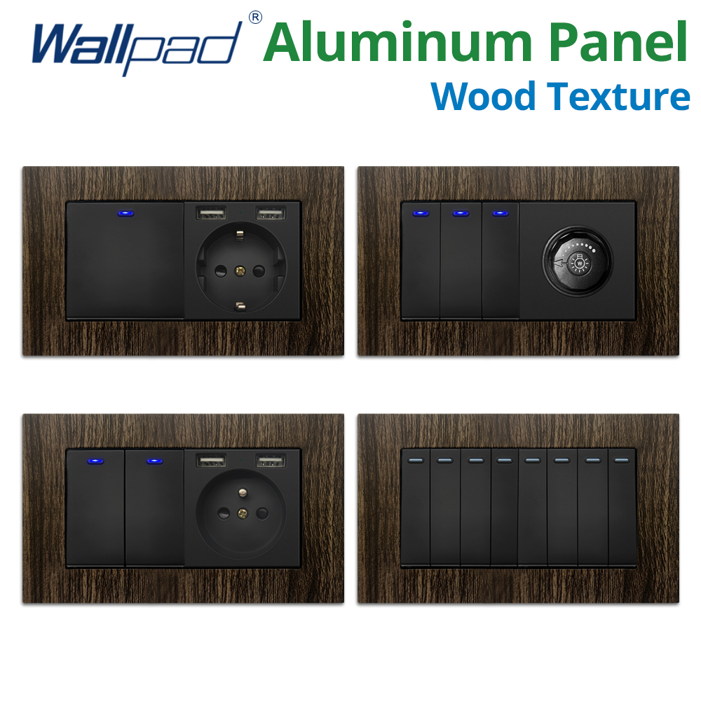 Wallpad Trestruktur Veggkontakt - 1/2/3 Gang 2 Veis Lysbryter med LED Dimmer & USB EU Stikkontakt - 146x86mm