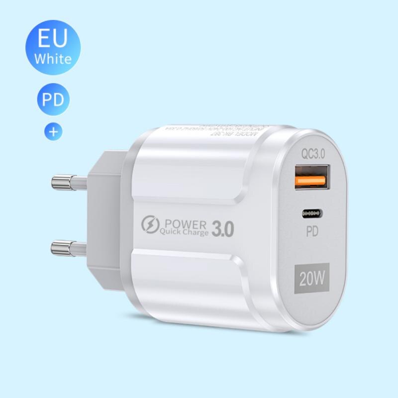 20W PD USB Type C Quick Charger Adapter For IPhone 12 11 Pro For Samsung S20 Fast Charging EU US Plug Travel Power Adapter: EU white