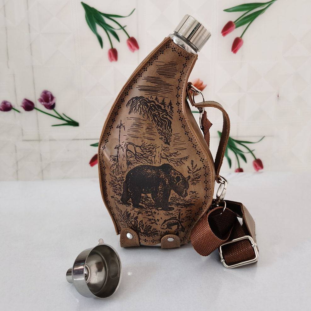 ENERGE SRPING 53oz Stainless Steel Horns Hip Flask Portable Ox Horn Flagon With Leather Case Transfer Funnel Alcohol Flasks: Default Title