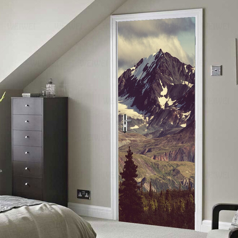 Snow Mountain Beautiful Scene Door Sticker Waterproof Wallpaper For Doors Living Room Bedroom Poster DIY Mural Decals Home Decor