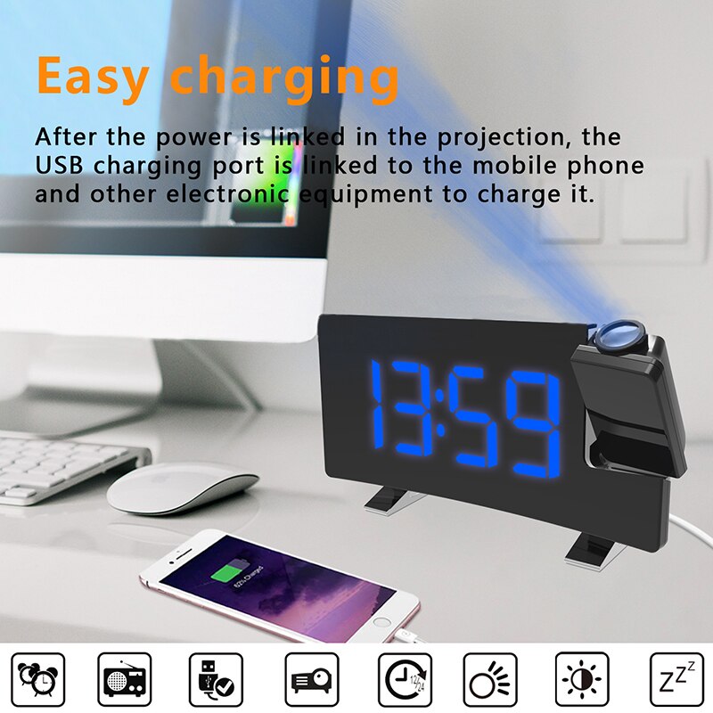 Projektion vækkeur digitalt loft display 180 graders lysdæmper radio batteri backup til hjemmekontoret soveværelse