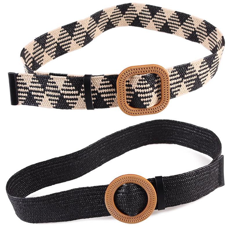 Vintage Knitted Wax Rope Wooden Bead Waist Rope Women Smooth Buckle Belt Woman Woven Female Elastic Braided Belt BZ48