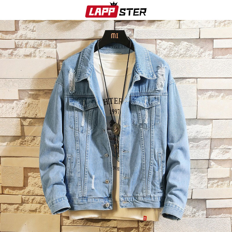 Lappster blåt hul japansk streetwear denim jakker mænd hip hop bomber jakke denim jakke harajuku casual windbreaker 4xl