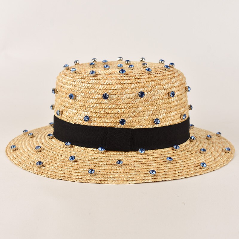 Paja de trigo Natural hecha a mano, decoración de costura de diamantes, sombrero de paja de jazz, viaje al aire libre, Playa: blue brim 7cm
