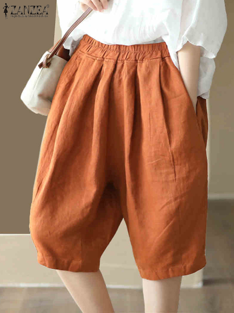 Zanzea sommar koreanska pantalons dam korta byxor elastisk midja veckade shorts avslappnade lösa bomullsbyxor
