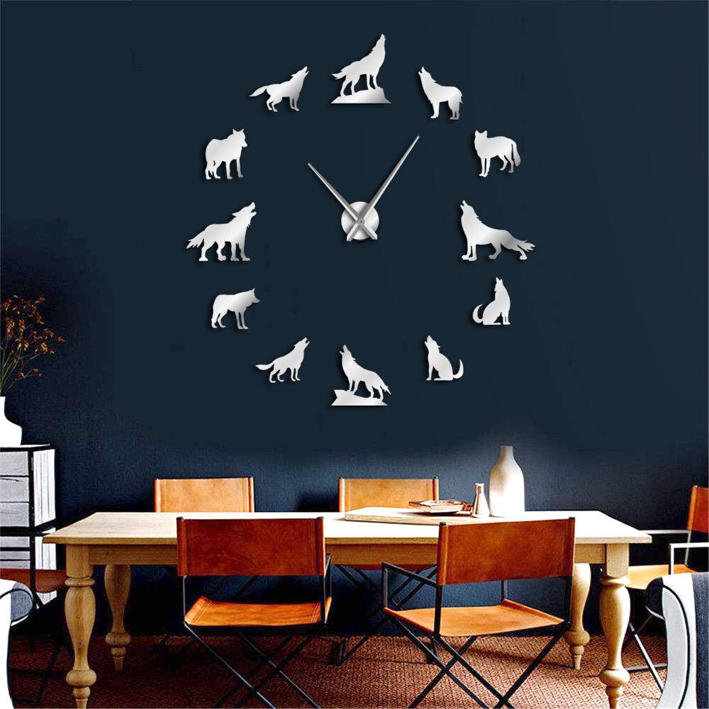 Howling Wolf 3D DIY Large Wall Clock Different Wolf Pose Frameless Wall Watch Clock Modern Home Decor Wolf Admirers