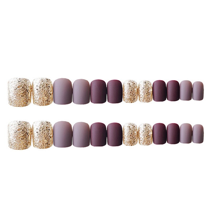 24 stks/set Korte Gold Glitter Kunstnagels Pre Vierkante Gemengde Paars Grey Matte Nep Nagels Druk Op Kunstmatige nail Tips Tool