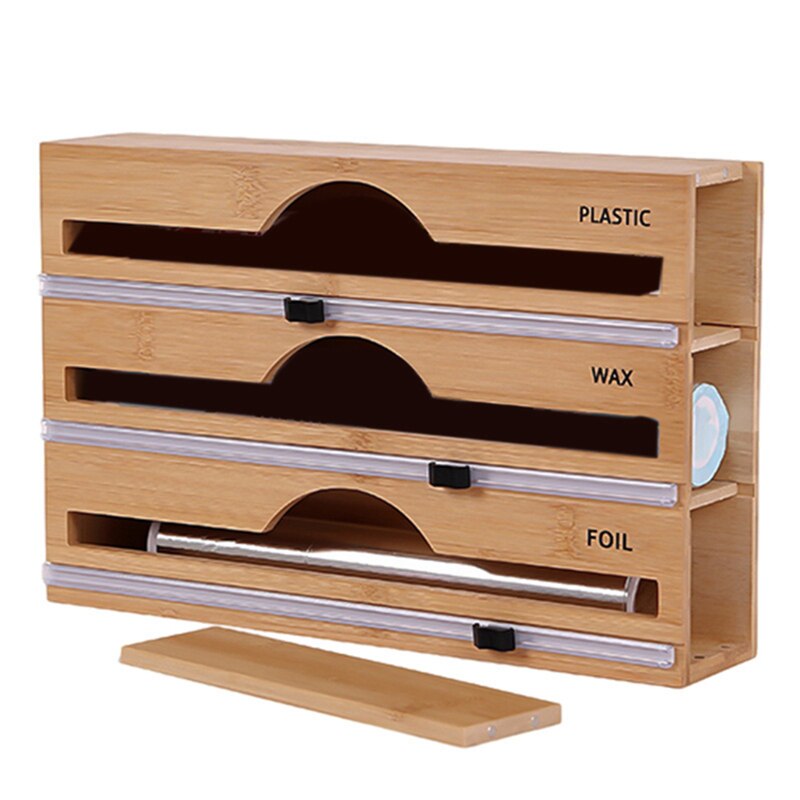 Plastic Wrap Dispenser with Cutter Bamboo Wood Saran Wrap Dispenser Refillable Fresh-keeping Box Home Kit