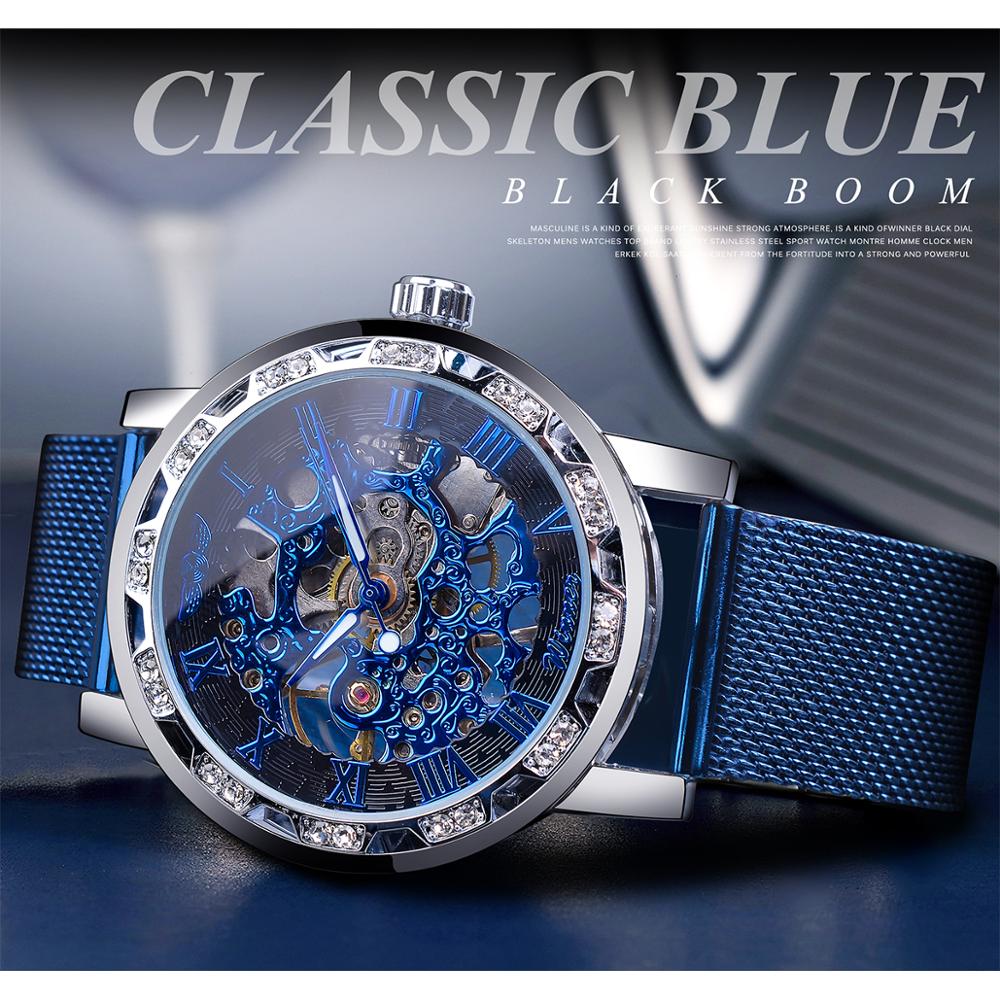 Winnaar Diamond Display Mannen Business Klok Blauw Staal Mechanische Classic Royal Versnelling Beweging Mechanische Skeleton Horloge