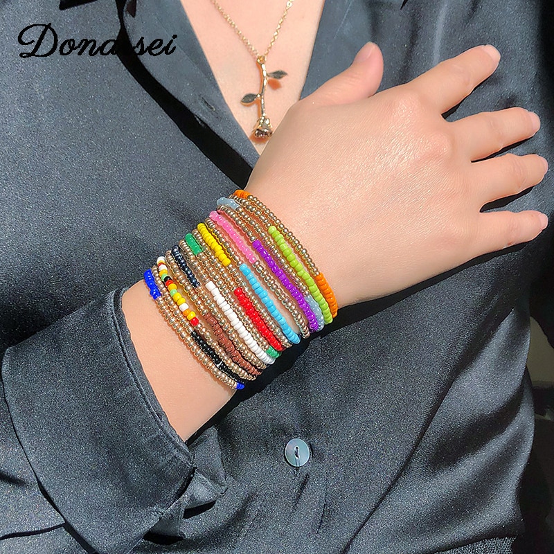 Donarsei 5pcs/set Bohemian Multilayer Colorful Beaded Bracelet For Women Charm Elastic Handmade Bracelet Friendship