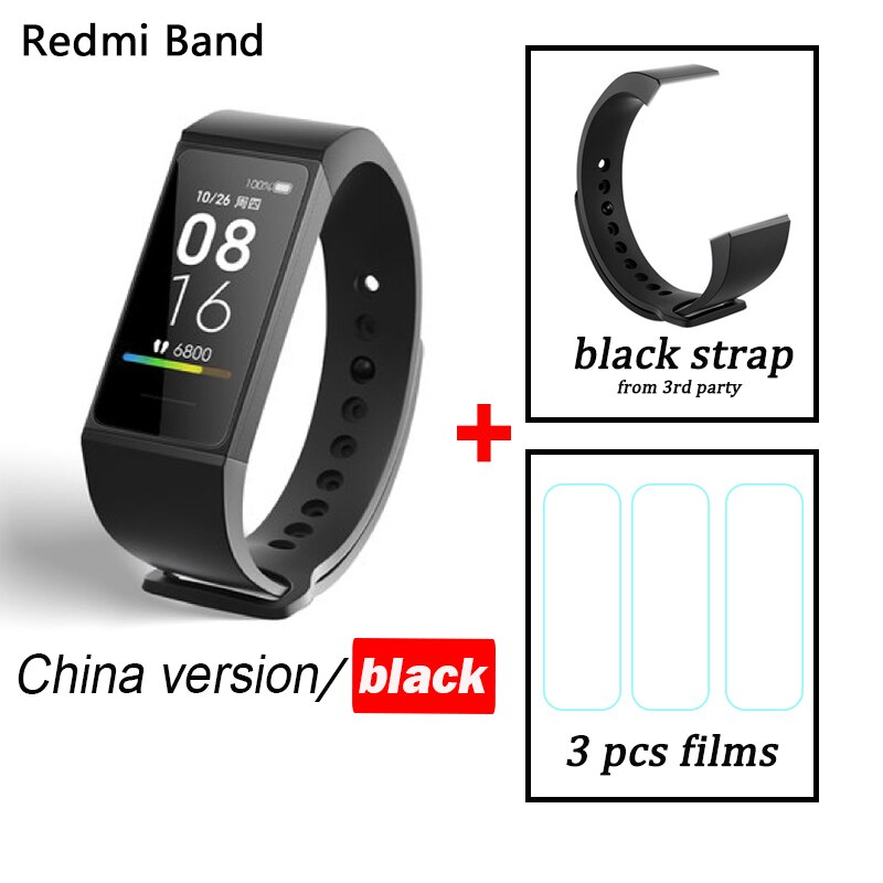 Original XiaoMi RedMi Band Smart Wristband Fitness Bracelet Bluetooth 5.0 USB charging Touch Screen Track Heart Rate Monitor: Add Film Black Strap