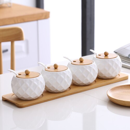 Korean Style Ceramic Condiment Jars Set with Bamboo Lids Tray Porcelain Spice Containers Salt Pepper Sugar Organizer: 4 piece set