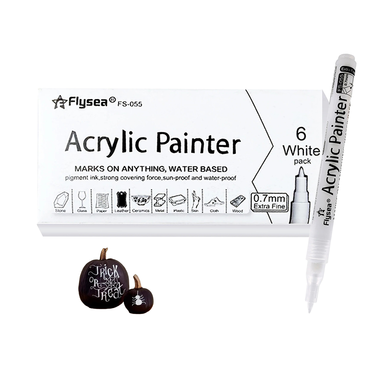 FLYSEA 6 marcadores acrílicos blancos para colorear pintura graffiti producción de bricolaje en la mayoría de las superficies adecuados para estudiantes suministros de arte