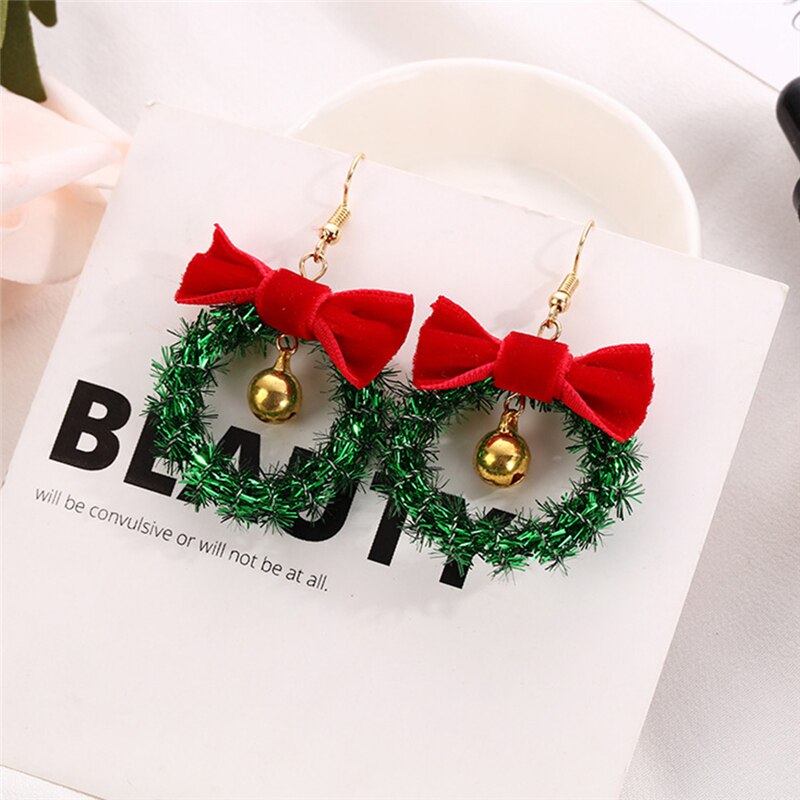 Christmas Wreath Dangle Earrings Jingle Bell Red Bow Women Christmas Earrings Year For Women