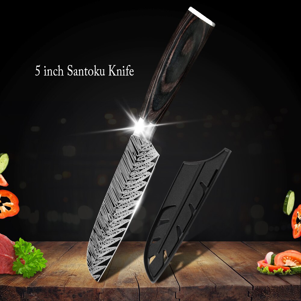 Køkkenkok sæt kniv rustfrit stål knivholder santoku værktøj skåret kløver brødskæreknive dæksel skede sag kantbeskytter: 5 in santoku kniv