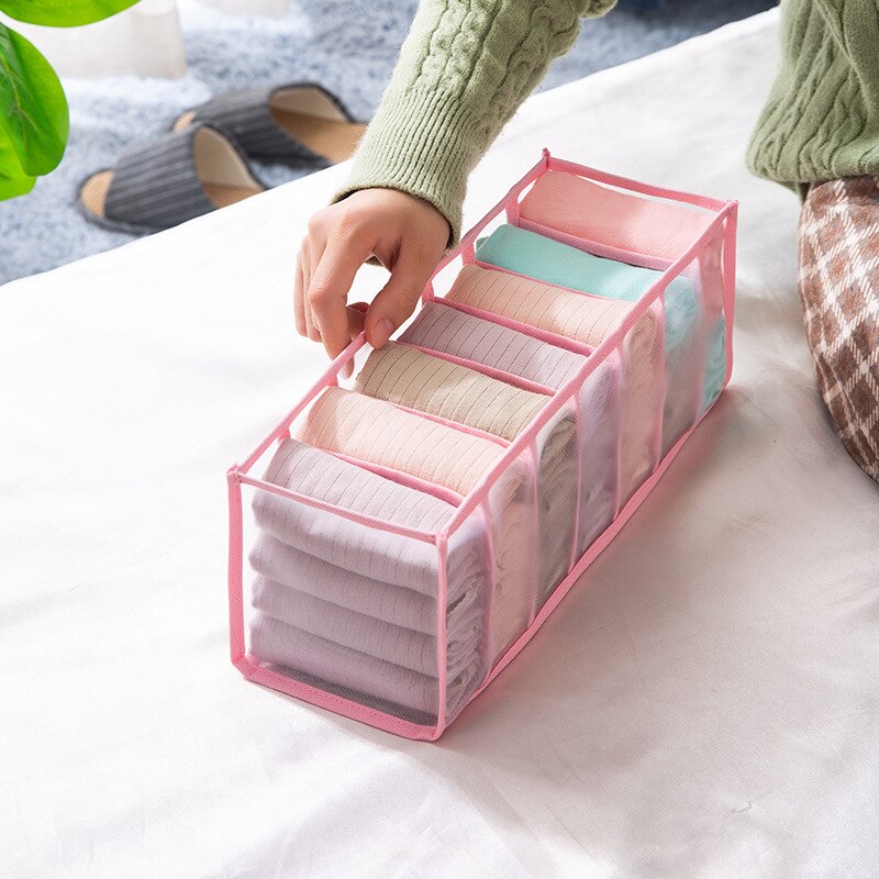 Bra Storage Boxes Underwear Clothes Organizer Drawer Nylon Divider Closet Storage For Folding Ties Socks Shorts Organiser: pink 7 Grid